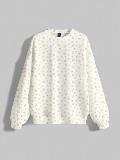 Kawaii Sweat-shirt-shirt à col rond à manches longues avec imprimé floral tout-sur-tout, mignon et innocent, convenant à l'automne/l'hiver/le printemps pour femmes