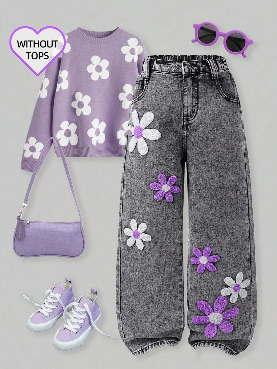 SHEIN ChillGRL Jeans évasés en jean lavé avec broderie de flocons de neige pour jeunes filles, convient pour les sorties décontractées d'automne/hiver, l'école, les trajets, les fêtes, la maison, les vacances, la rentrée scolaire. Style Y2K, années 90 et 70, avec un pantalon fleuri plein de style en jean