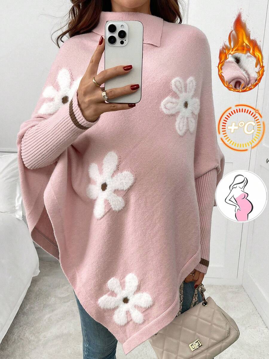 SHEIN Maternity Floral Pattern Asymmetric Hem Long Sleeve Pullover Sweater - Pink - View 1