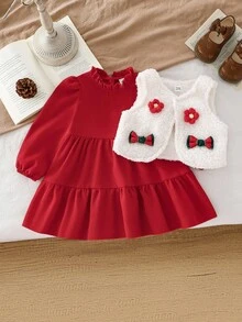 SHEIN 女婴圣诞泰迪熊图案白色开衫背心和红色长袖编织连衣裙套装，适合派对，秋冬季 - 紅色 - 查看 4