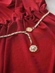Aalyst Damen glänzendes, elastisches Kleid mit V-Ausschnitt, ärmellos, geraffter Taille und Metallic-Ketten-Gürtel, elegantes, vintage französischer Street-Style Maxikleid, geeignet für Weihnachten, Halloween, Thanksgiving, Nachmittagstee-Party, Herbst/Winter - Bordeaux - Übersicht 6
