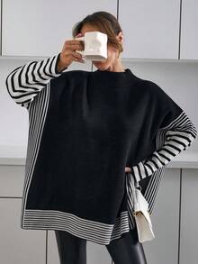 EURMUSE Women Stripe Pattern Round Neck Drop Shoulder Oversize Pullover Oversized Tops Sweaters For Women Plus Oversized Sweatshirt Woman Jumper For Woman Modest Tops For Women - Black - View 7