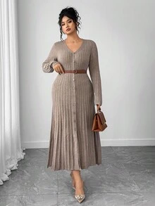 SHEIN Elenzya 1pc Women Plus Size Elegant V-Neck Long Sleeve Flared Hem Sweater Dress