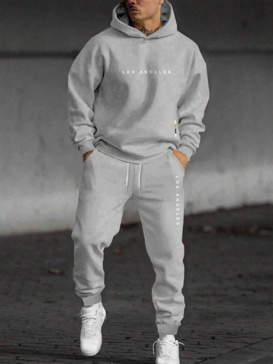 Manfinity Homme 宽松男士字母印花保暖连帽衫和运动裤两件套，秋季服装，冬季男士连帽衫和运动裤套装 - 灰色 - 查看 1