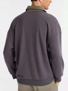 Manfinity Dauomo Maglietta casual da uomo con colletto polo e maniche lunghe, a blocchi di colore, per l'autunno - Grigio Scuro - Visualizzare 2