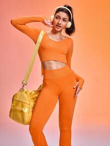 SHEIN Sovereign Charm 女式纯色圆领长袖T恤和喇叭裤运动套装 - 橘色 - 查看 5