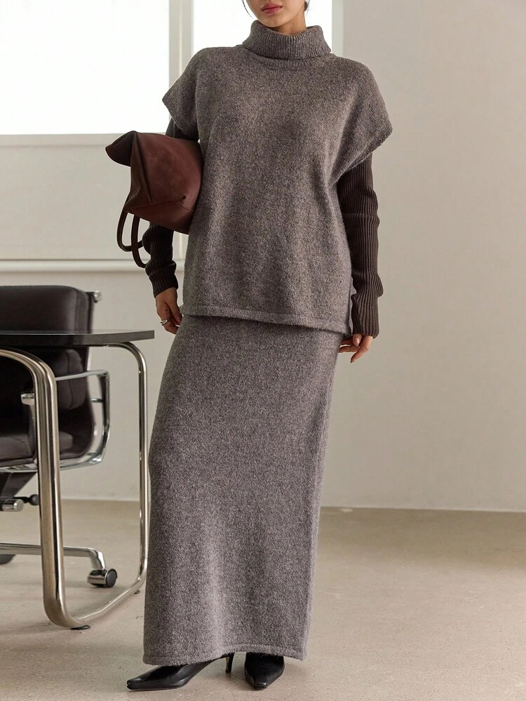 Turtleneck Sweater Vest & Knit Skirt Without Belt Business Casual Woman