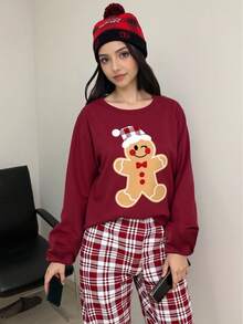 青少年女孩两件套圣诞睡衣套装 - 姜饼印花牛奶丝圆领长袖上衣和格子宽松舒适裤，圣诞红格子服装 1 套 - 酒紅色 - 查看 3