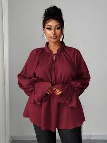 Maweii Plus Size Women's Solid Red Satin Mandarin Collar Tie-Waist Long Sleeve Ruffle Cuff A-Line Blouse, Elegant Lady For New Year, Versatile, Chic Urban Casual, Party, Banquet, Date, Cross-Year Party, New Year Party - Burgundy - View 4