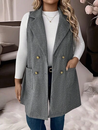 EMERY ROSE Plus Size Dam Enfärgad Fiskbensmönstrad Ärmlös Slag Dubbla Fickor Casual Vardaglig Mångsidig Västjacka