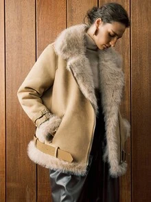Arave 棕色超大领复古高端仿皮毛绒绒夹克