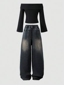 Sparklyn 少女时尚休闲露肩T恤和宽松牛仔裤套装