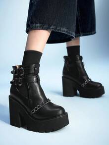 Sugerpunk Giày bốt cổ ngắn kiểu Gothic cổ điển gợi cảm khoét rỗng, gót chunky, kiểu punk, dây xích vàng khóa đôi, bốt cao gót đế dày chống thấm nước dành cho nữ. - màu đen - Xem 1