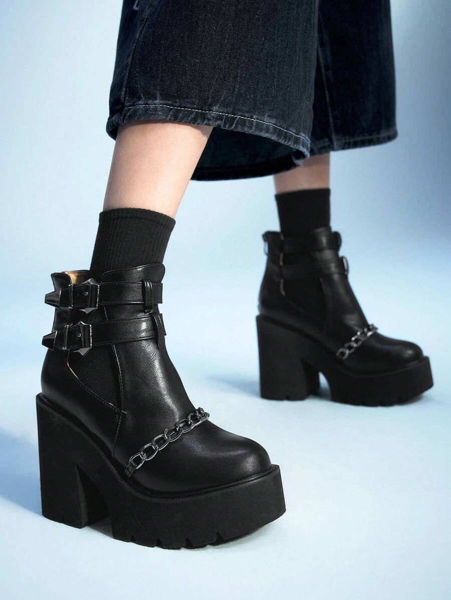 Sugerpunk Giày bốt cổ ngắn kiểu Gothic cổ điển gợi cảm khoét rỗng, gót chunky, kiểu punk, dây xích vàng khóa đôi, bốt cao gót đế dày chống thấm nước dành cho nữ. - màu đen - Xem 1