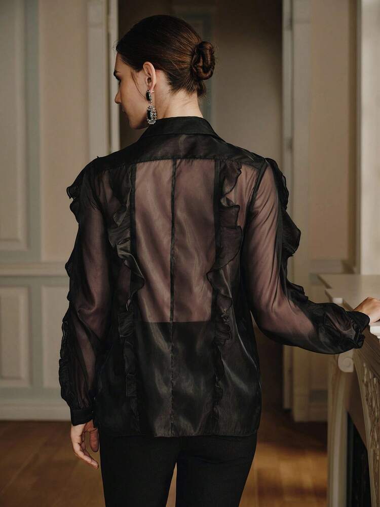 Women's New Chiffon Long Sleeve Black Sheer Rhinestone Embellished Blouse, Elegant High-End European And American Street Style Shirt, Sophisticated Ruffle Top For Fall, Winter, New Year, Elegant, Chic, Stylish, Christmas, Going Out, Winter Clothes For Women