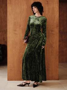 Vestido longo de malha de veludo com losangos minimalista Uhlyne, design elegante com bainha plissada para deslocamento diário, escritório, igreja, escola, casamento, outono/inverno - Borgonha - Ver 6