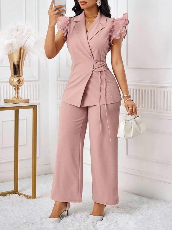 SHEIN Lady Conjunto de traje de mujer con blazer de manga con volantes rosa y pantalones elásticos de cintura elástica para otoño/invierno