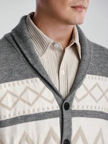 Manfinity CityGents Cárdigan de hombre con patrón geométrico de bloques de color, otoño/invierno - Gris - Ver 2