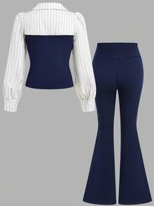 SHEIN Serisse Kids Tween 女童拼色长袖上衣和直筒休闲裤套装，适合约会、派对、返校、秋冬套装，女童套装裤子和上衣套装学院风两件套 - 藍白色 - 查看 3