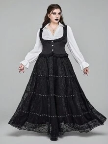 ROMWE EDITION Plus Size Gothic Lace Trim Skirt - Black - View 5