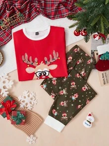 男士圣诞红鹿头图案圆领长袖上衣搭配绿色鹿元素长裤，可爱又酷炫的圣诞假日休闲家居套装，是欢乐家庭圣诞居家场景的理想之选，也是秋冬季服装的完美选择。 - 紅色 - 查看 4