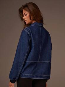 Athîral 女式休闲宽松牛仔夹克，前拉链，秋季 - 藍色 - 查看 4