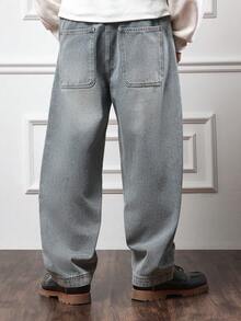 SUMWON 锥形阔腿牛仔裤，前后接缝，休闲直筒剪裁，撞色缝线，经典工装，秋冬 - 中等水洗藍 - 查看 2