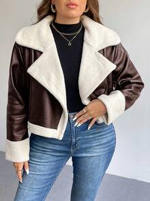 SHEIN Privé Plus Size Fashionable Windproof PU Leather Teddy Fleece Lining Contrast Color Short Loose Fit Women Black Jacket, Autumn/Winter