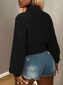 BamGleam Pulover de damă, Top de damă, Mâneci lungi tricotate, Model cu valuri, Model orizontal, Decolteu rotund, Roz, Scurt, Sexy, Lejer, Adunare prietenoasă, Four Seasons, Îmbrăcăminte de damă de toamnă și iarnă - Negru - Vizualizare 2