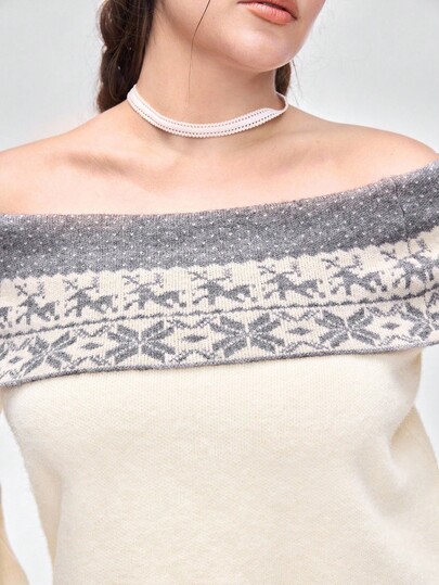 Kawaii Suéter de talla grande con hombros descubiertos y estampado Fair Isle