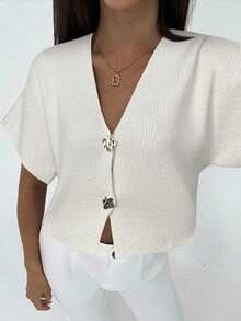 Aloruh Áo khoác cardigan dáng ôm cổ chữ V sâu tay ngắn, cài hai nút thời trang tối giản mới dành cho người đi làm, thường ngày và đa năng trong mùa thu/đông - trắng - Xem 6