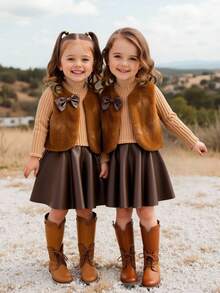 SHEIN 女童高档抓绒背心、长袖PU百褶裙和外套套装，秋冬女童棕色毛绒背心，仿皮草背心套装，棕色毛绒背心和裙子套装，女童秋冬套装，女童棕色仿皮裙 - 摩卡棕 - 查看 2