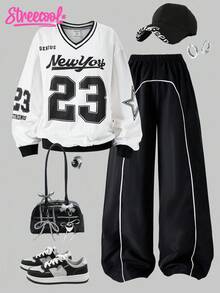 SHEIN Streecool Kids 2pcs/Set Teen Girls V-Neck Letter Print Hoodie Sweatshirt And Cargo Pants Casual Outfit Fall Winter