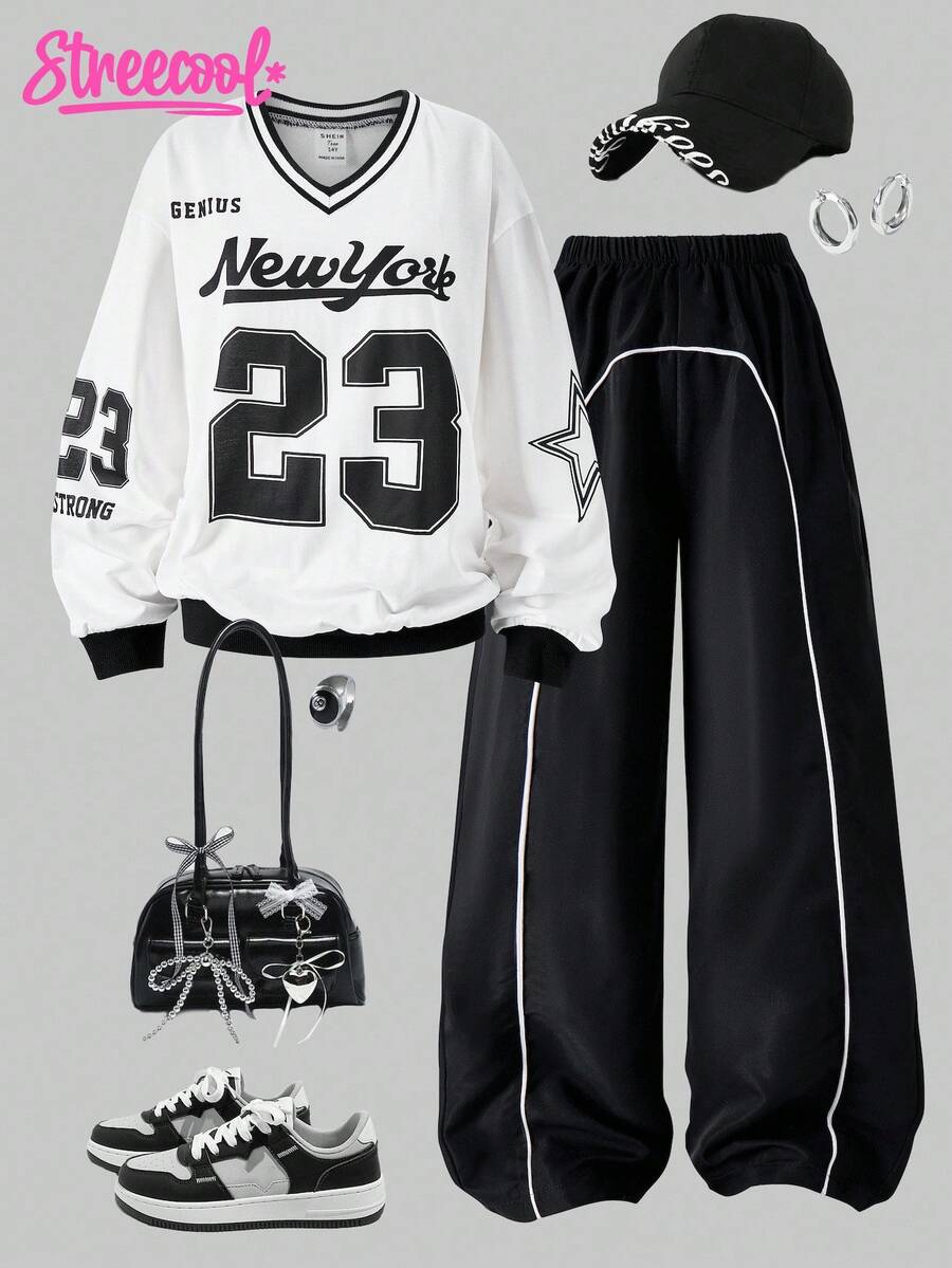 SHEIN Streecool Kids 2pcs/Set Teen Girls V-Neck Letter Print Hoodie Sweatshirt And Cargo Pants Casual Outfit Fall Winter