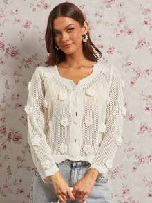 Enchnt Fall/Winter Romantic Women's White 3D Flowers Decor Hollow Out Knitted Cardigan,Sweet&Elegant&Fashionable For Vacation&Date&Holiday&Birthday&Party&Graduation&Wedding Guest&Office&Going Out,Back To School,Fall Sweaters For Women,Autumn Clothes - White - View 4