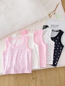 SHEIN 5 件/包女孩蝴蝶和心形印花柔软基本款吊带背心，甜美简约自然风格，多色 - 彩色 - 查看 3