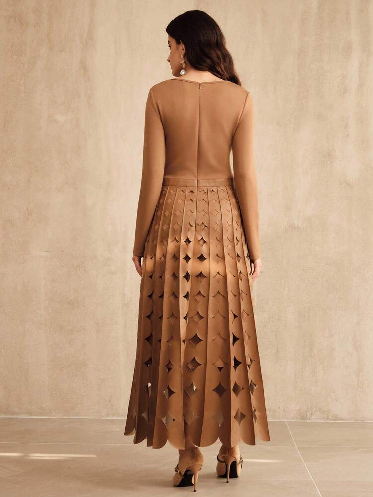 Women's New Autumn/Winter Long Sleeve Knit PU Flared A-Line Dress, Elegant & Refined Autumn/Winter Dress For Women; Christmas Dress; Winter Dresses For Women; Thanksgiving Outfit For Women; Clothes For Fall, Winter, New Year, Elegant, Chic, Stylish, Christmas, Going Out, Winter Clothes For Women