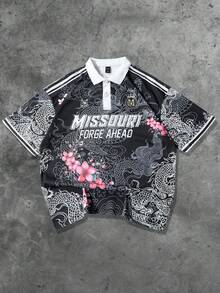 ROMWE MEN Prep 男士街头图案印花 Polo 衫，适合日常穿着，春夏季