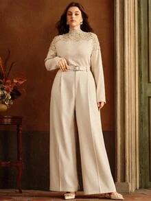 Anewsta 大码女式蕾丝拼布串珠长袖T恤，秋冬 - 杏色 - 查看 6