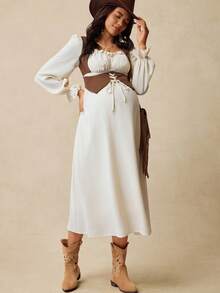 Boho Mama Maternity Frill Hem 2 In 1 Long Sleeve Waist Drawstring Western Style Dress Maternity Photoshoot Dress Pregnancy Dress Beige Maternity Dress Boho Maternity Dress Maternity Dresses Baby Shower - Multicolor - View 4