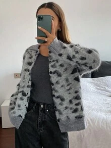 Livesso 女式豹纹长袖翻领宽松休闲开衫，秋季 - 灰色 - 查看 6