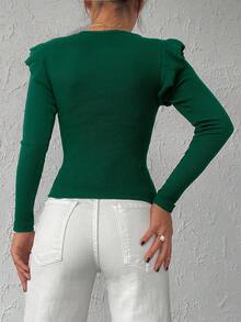 EURMUSE 95% Cotton Ribbed Knit Ruffle Trim Tee - Green - View 2