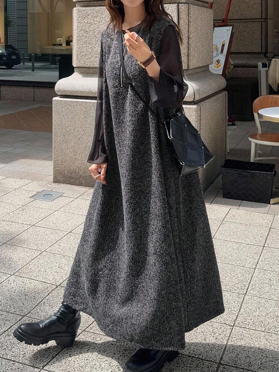 FRIFUL Women's Casual Loose Zip-Up Sleeveless Round Neck Dress, Autumn Prom Dress Maxi Dress - Black - View 1