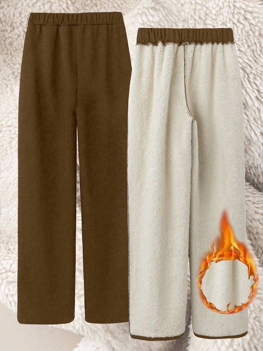 Franclia 女式厚灯芯绒松紧腰直筒裤，秋冬 - 咖啡棕 - 查看 1