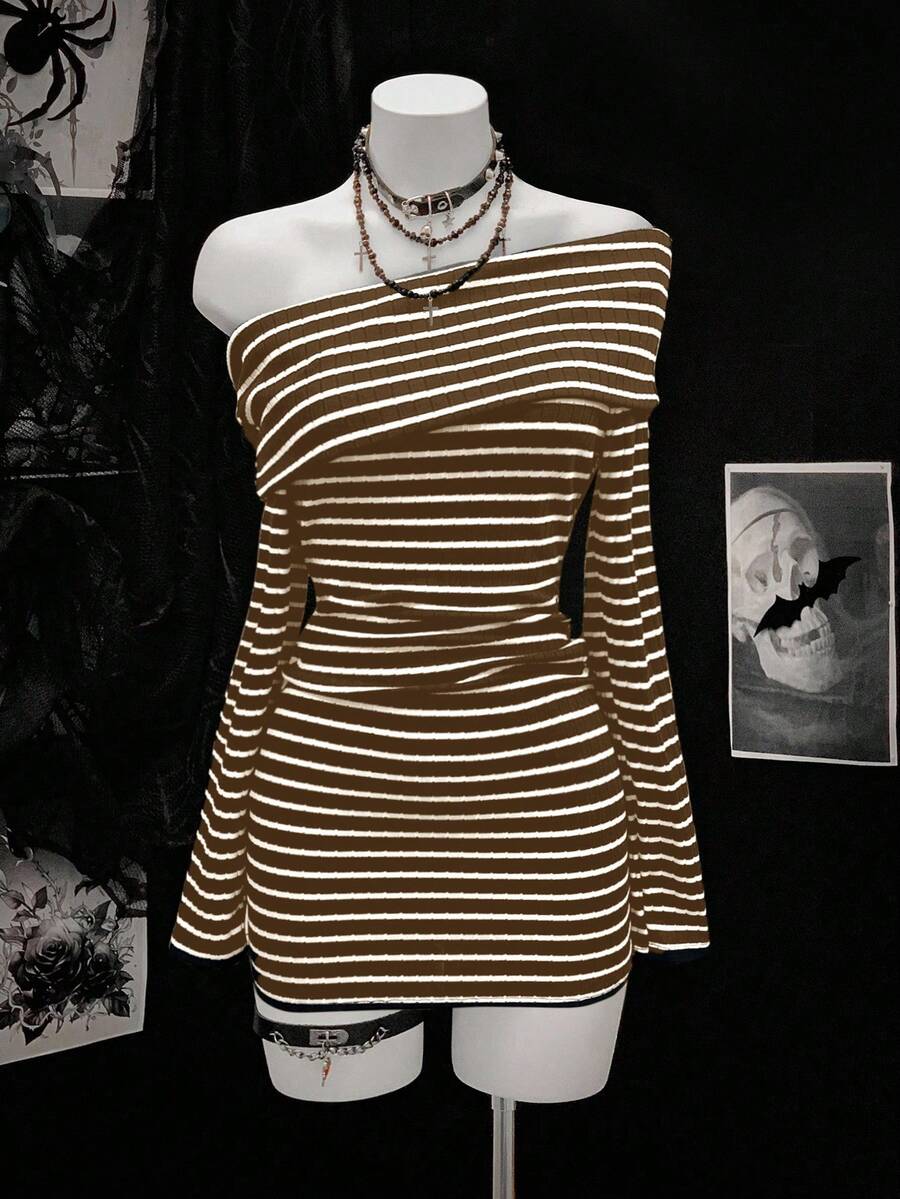 SHEIN Unity Women's Fashionable Black And Gray Striped Long Sleeve Dress - Multicolor - View 1