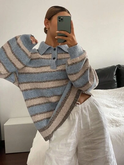 Livesso 女式休闲条纹纽扣长袖毛衣