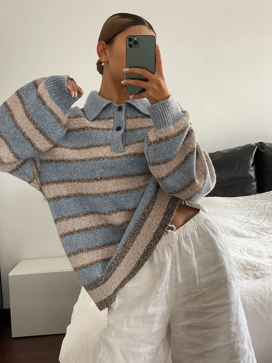 Livesso 女式休闲条纹纽扣长袖毛衣 - 藍色 - 查看 1