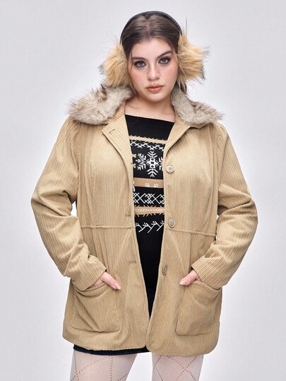 Hippie Veste à manches longues boutonnée, style vintage romantique hippie, avec col en fourrure, en velours côtelé, polyvalente pour l'hiver, grande taille