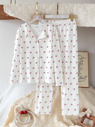 SHEIN Vintaside Kids 2pcs Girls Cherry Print White Base Long Sleeve Top And Pants Pajama Set Kids Pajama Set Cherry Pajama Set Fall Winter Strawberry Pajama Set Cherry Kids Outfit Kids Collar Neck Long Pajama Sets