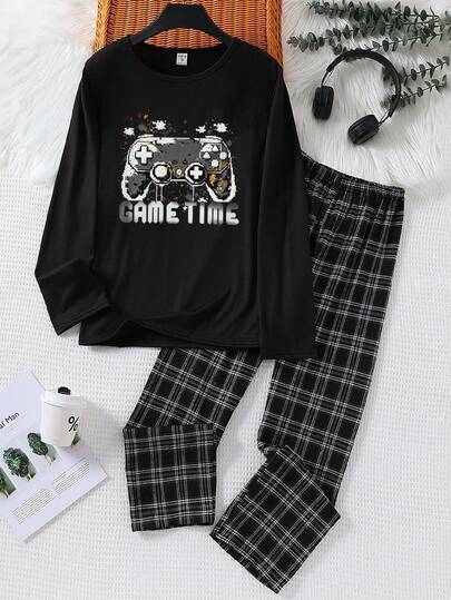 2 件大男孩休闲圆领长袖图形视频游戏印花运动衫和格子宽松裤睡衣套装，柔软针织面料